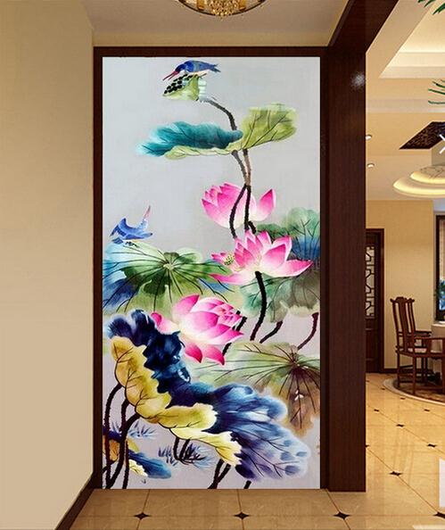 过道玄关背景墙 高清荷花玄关门厅背景墙